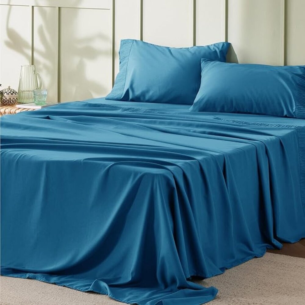 🆕 4 Pieces Blue Luxury California King Polyester Microfiber Cooling Bed Sheet